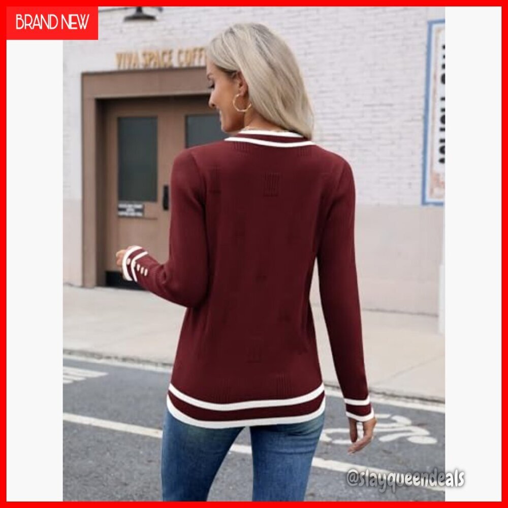 Lightweight Ribbed Knit Pullover Sweater V-Neck Long Sleeve Button Cuff - Picture 4 of 7